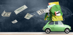 Money flying away from car delivering backpack full of accessories